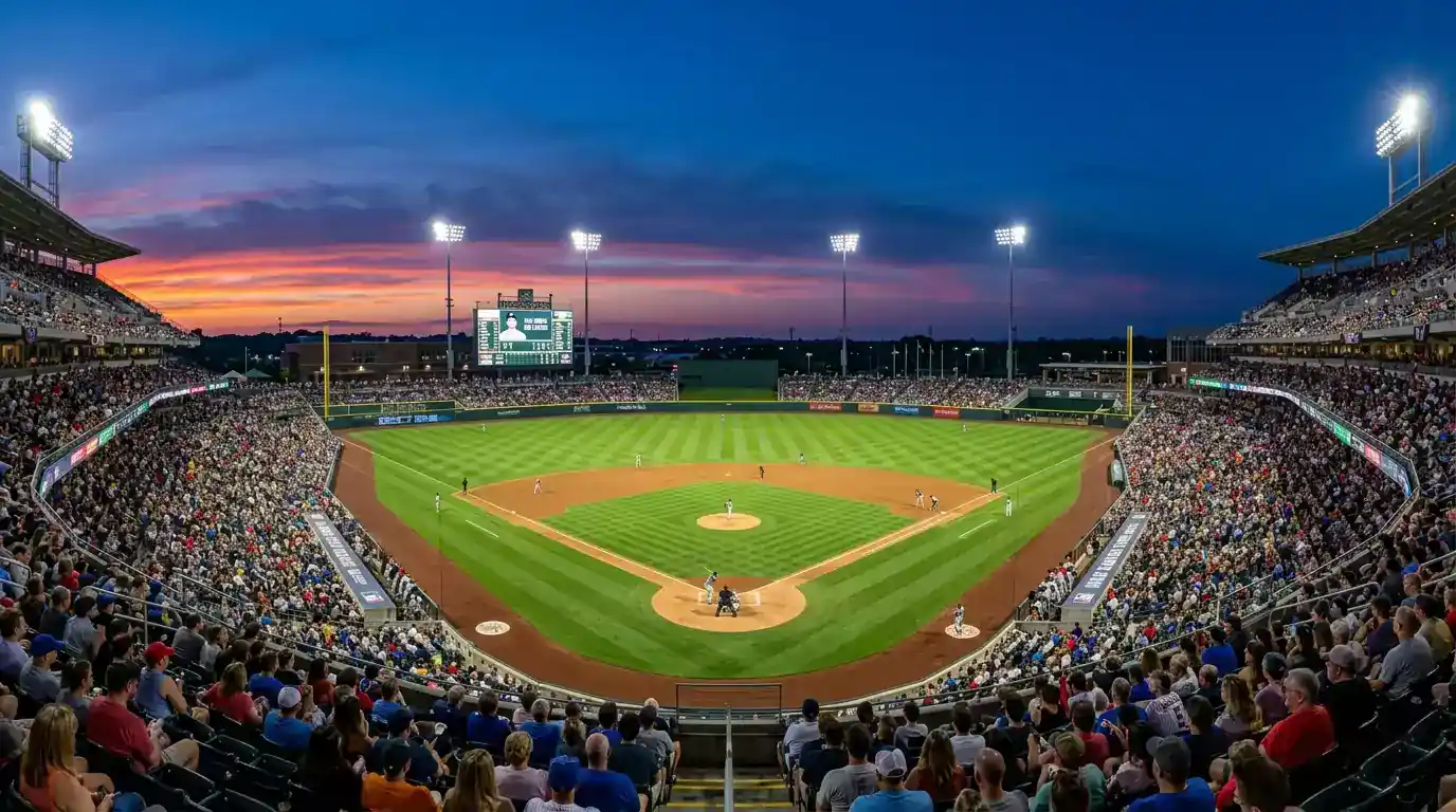 MLB stadium at twilight under floodlights