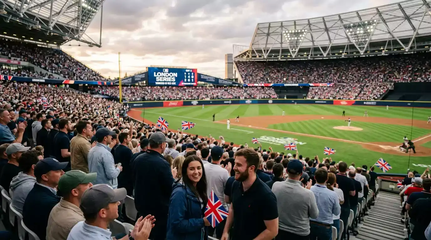 Capacity crowd watching an MLB London Series game at a London stadium