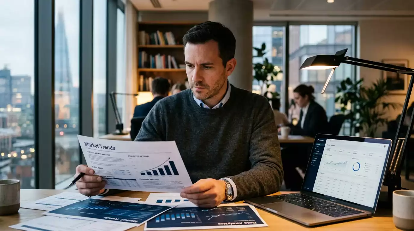 Analyst reviewing UK gambling market figures on a printed report at a desk